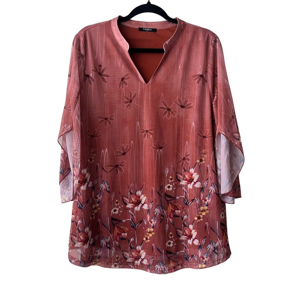 Valolia Tunic Top Womens Terracotta Floral Mesh Split Sleeve V-Neck Large
